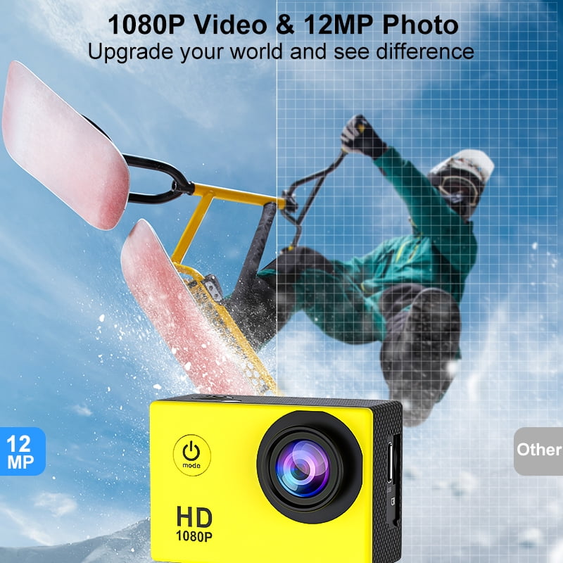 Action Camera 1080P HD with Waterproof Case 30M Wearable Pocket Video Camera with 90° Wide Angle 12MP Photos 32GB Support, Mini Sports Camera for Teens Cycling Diving Outdoor Adventure Yellow