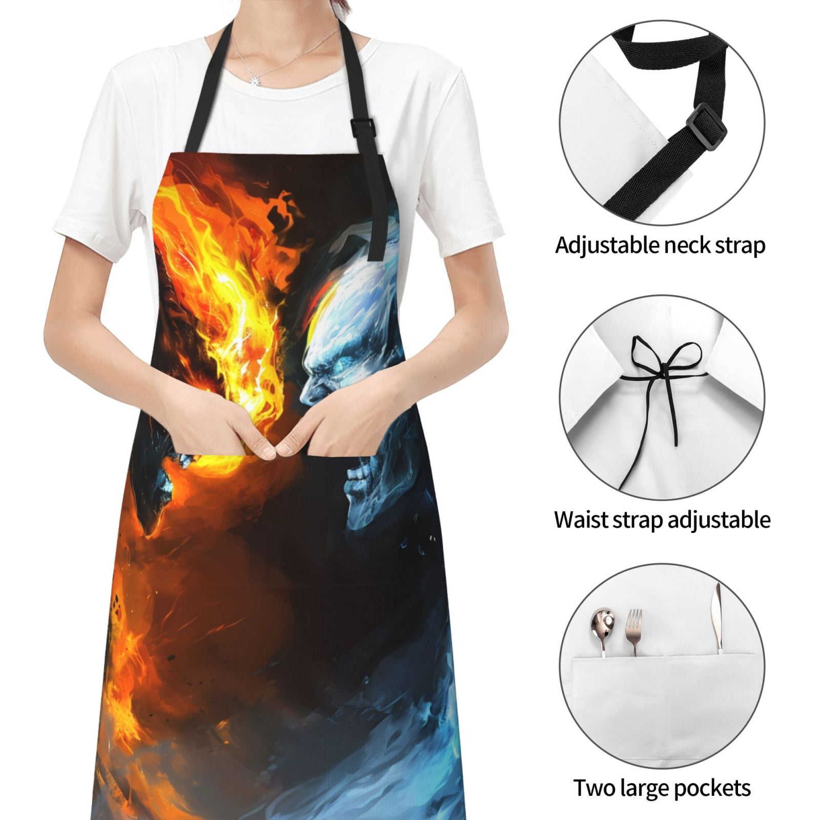 Kdxio Red And Blue Fire Skull Warrior Apron with Pockets Adjustable Kitchen Aprons for Men Women Waterproof Aprons for Cooking,Drawing,Crafting, Baking Household Cleaning