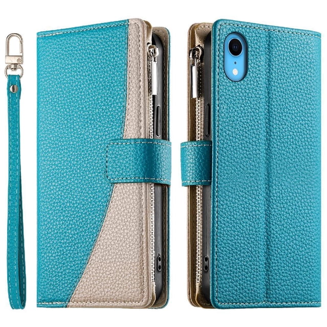 Funda cartera GANGXUN para iPhone XR , cuero PU con tarjetero, cremallera, correa de mano, soporte y protección 990°