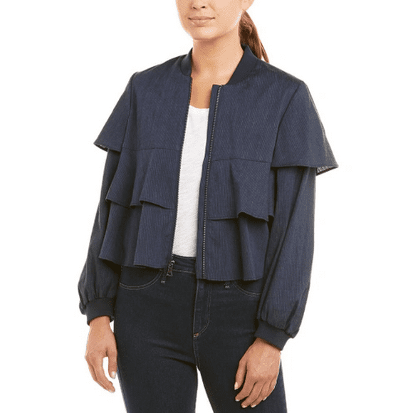 BCBGMAXAZRIA Women's Pinstripe Tiered Jacket Full Zip Ruffle Sleeve Navy XS $358