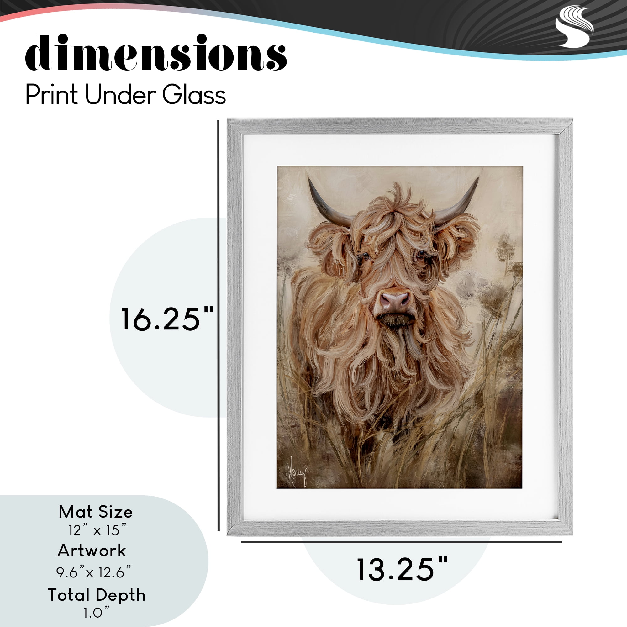 Curly Haired Highland Cattle Gray Framed Print Under Glass, design by Ashley Bradley
