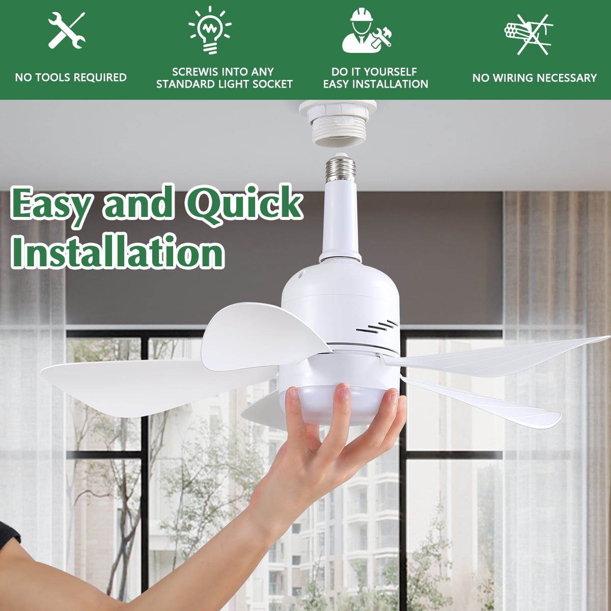 JOPESO Socket Fan Light with Remote, 19in Ceiling Fans with Lights with 3 Speeds and 3 Colors E27 Base, Dimmable LED Socket Fan for All Locations