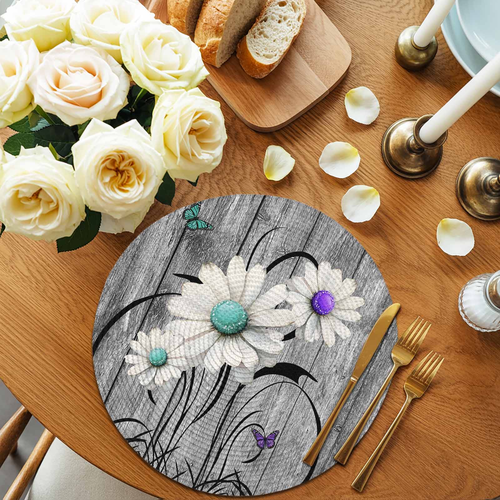 Round Placemats Set of 4 Rustic Daisy Place Mats Washable Woven Placemat Teal Sunflower Grey Wood Grain Circle Braided Table Mat for Kitchen Dining Table Party Home Decor 15 Inch