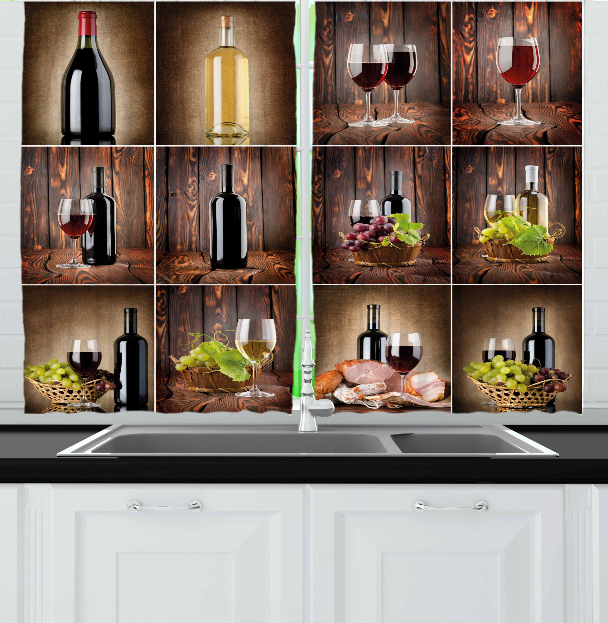 Wine Kitchen Curtains, Drink Themed Collage on Wooden Backdrop Grapes and Meat Rustic Country