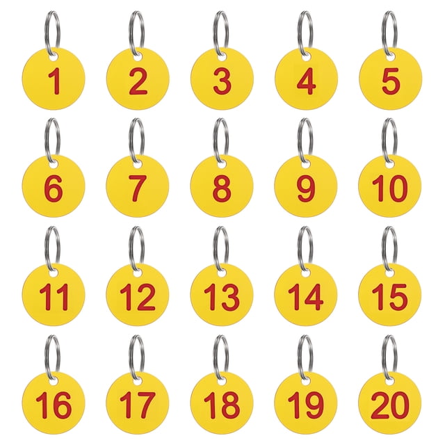 Etiquetas numéricas 1-20, 20 piezas de etiquetas redondas de 35 mm para taquillas de dormitorio, amarillas y rojas