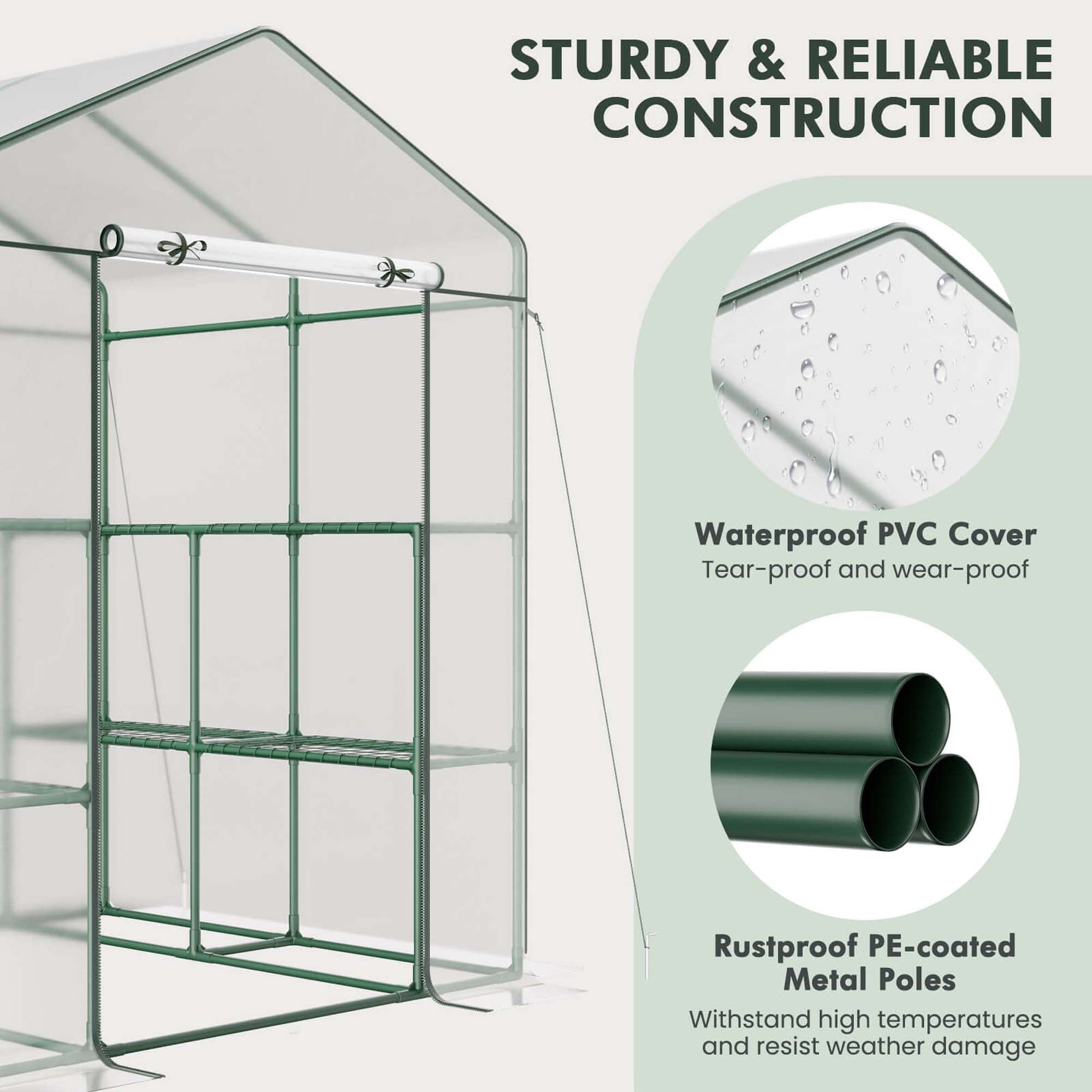 Costway Portable Mini Greenhouse with 3 Tiers 8 Shelves Roll-up Zippered Door for Plants