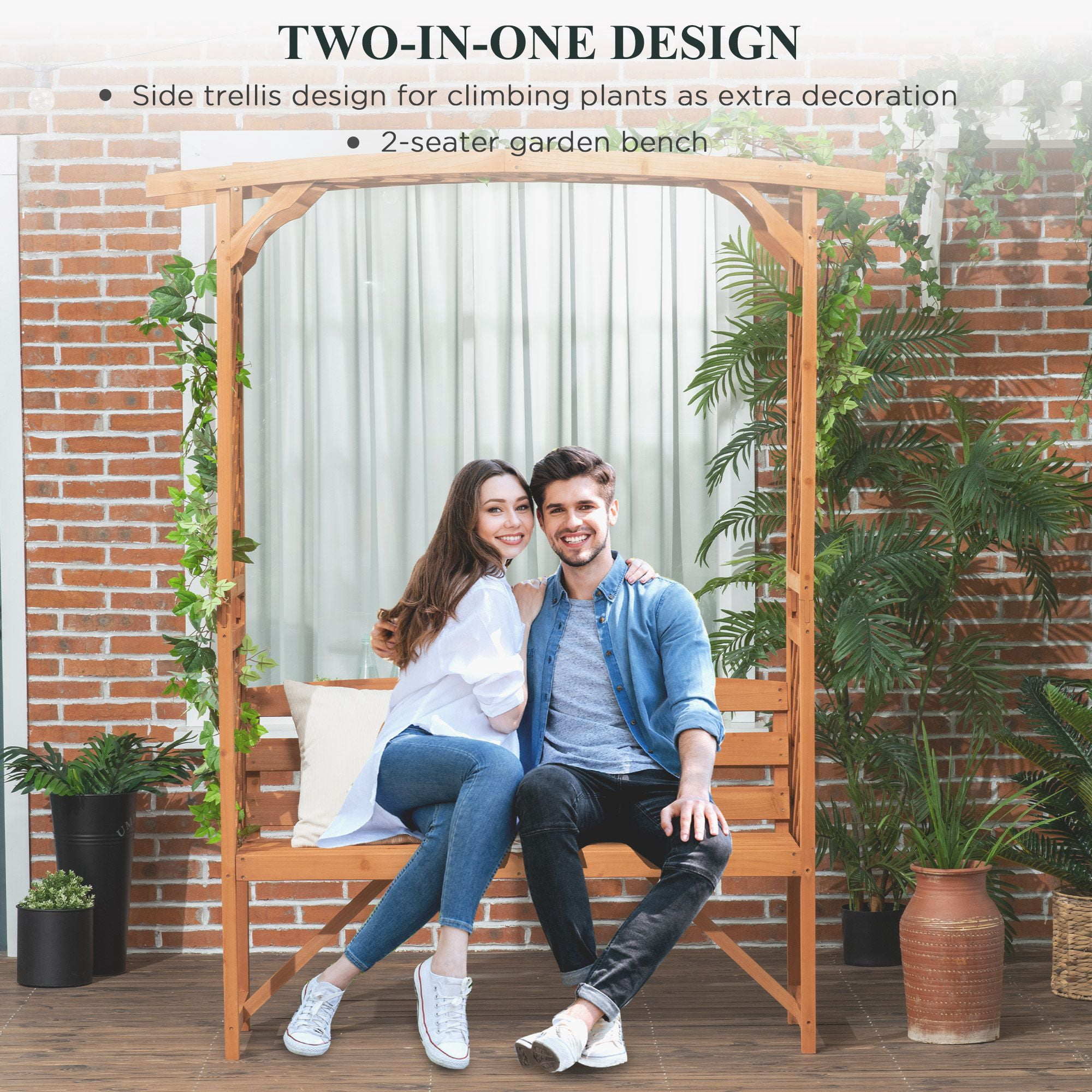 63IN Wooden Arch Arbor Garden Bench with Trellis and Pergola Outdoor Seating for Patio Wedding Party Decor