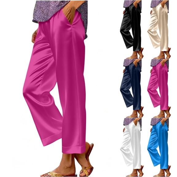 Bloomae Women's Silk Satin Pajama Pants Loose Fit Casual Wide Leg Lounge Pants Elastic High Waist Pj Bottoms with Side Pockets