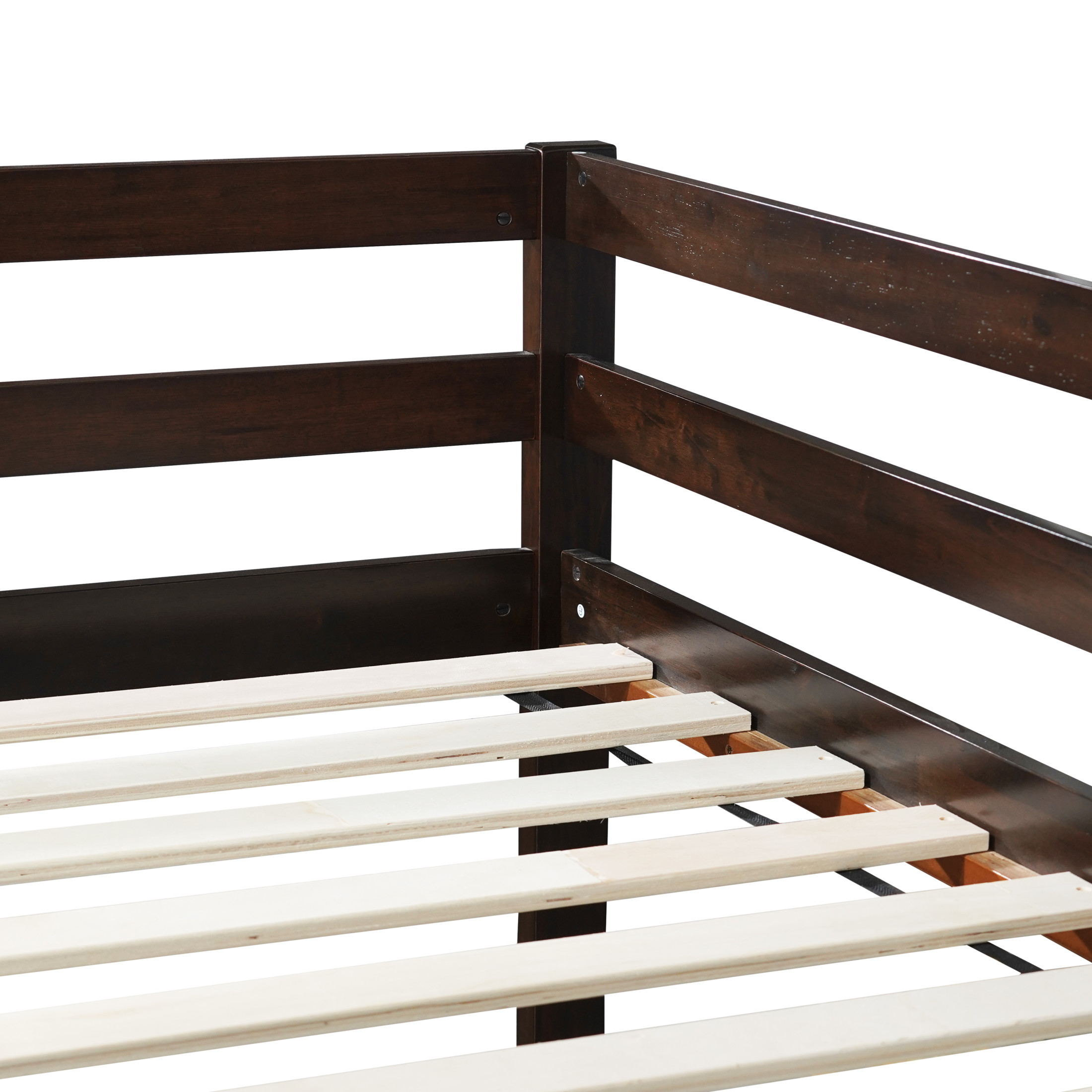 Noble House Alina Twin Over Twin Floor Bunk Bed with Ladder, Solid Rubber Wood Frame with Strengthened Slats, Espresso