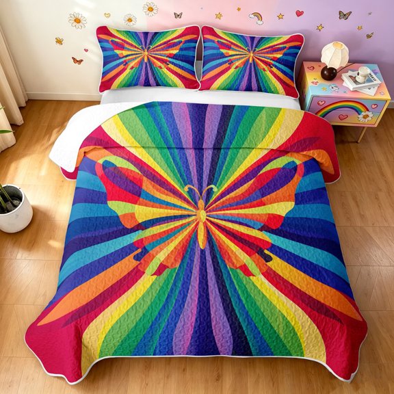 Manfei Ink Rainbow Twin Quilt Set, Graffiti Butterfly Twin Coverlet Set, Red Navy, 2-Piece, 1 Bedspread and 1 Pillowcase