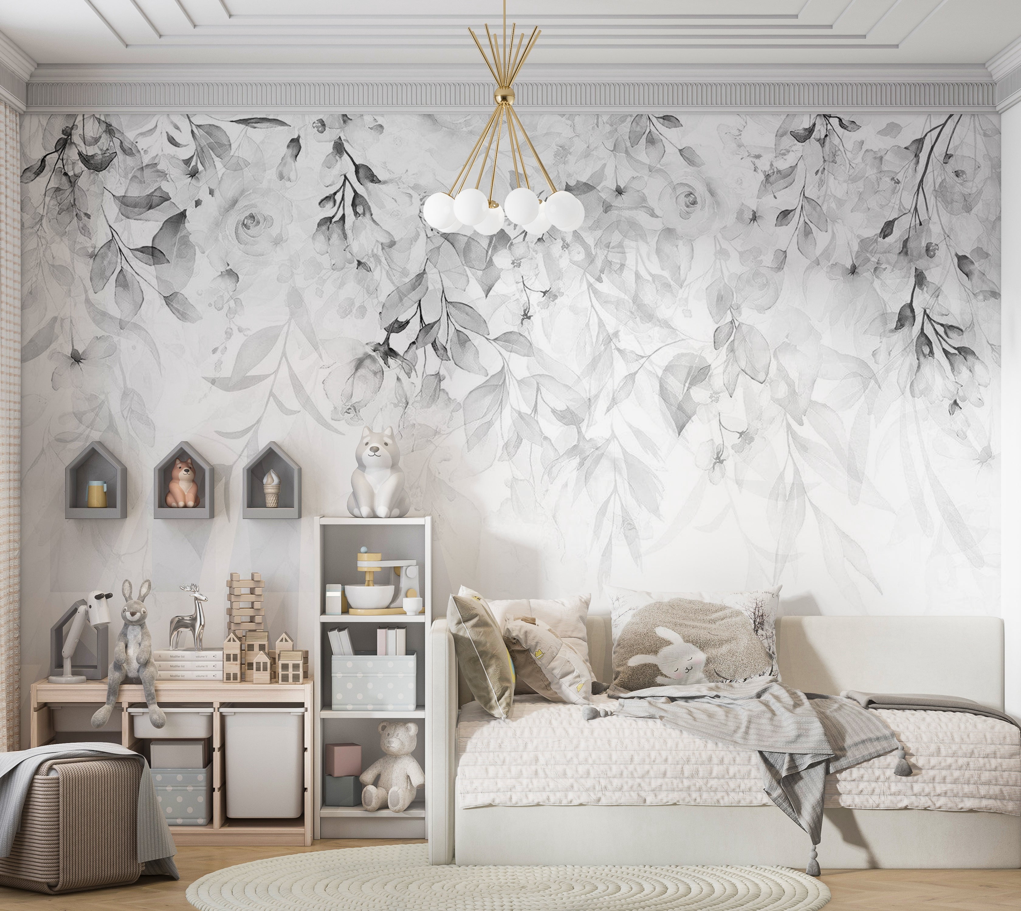 Floral Wallpaper Wall Mural - Waterfall of Roses Grey