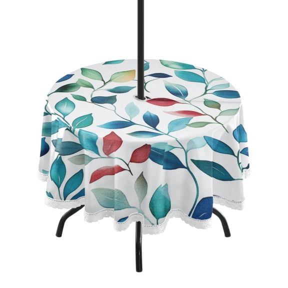 Round Tablecloth 60*60 Inches Round Tablecloth Outdoor Style Tablecloth With Umbrella Holes Tablecloth Outdoor Suitable For Kitchens and Dining Rooms Pretty Beautiful Blue Leaves