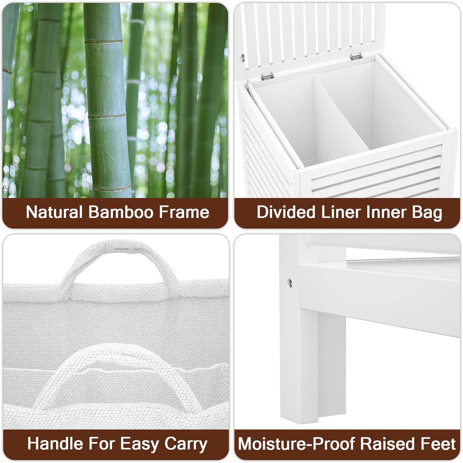 Bamboo Laundry Hamper with Lid, 120L Large Clothes Laundry Sorter with Removable 2-Section Liner Bag, Raised Laundry Basket Organizer for Clothing, Bathroom, Bedroom, Laundry Room, White
