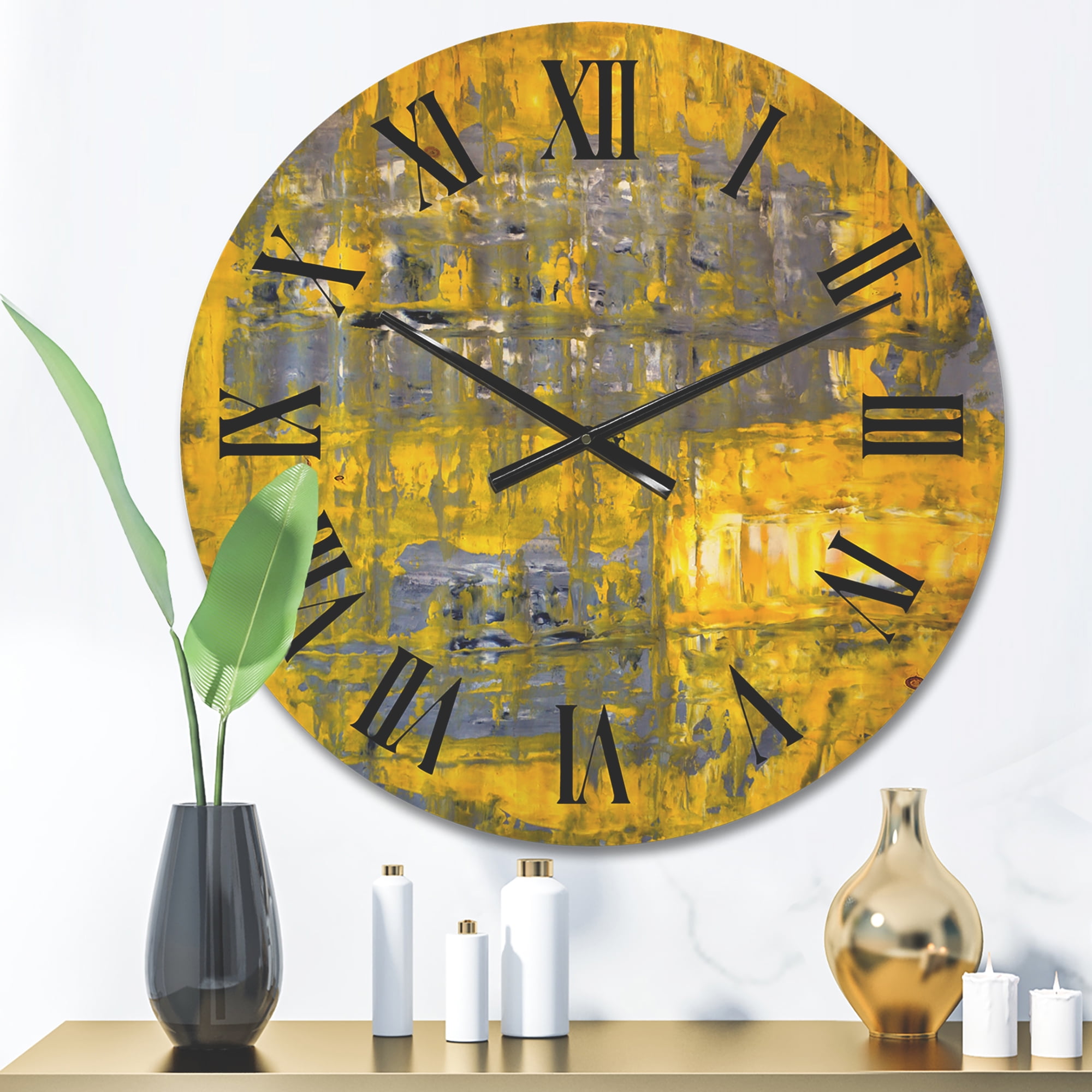Designart 'Grey Meets Yellow Abstract Art I' Modern Wood Wall Clock