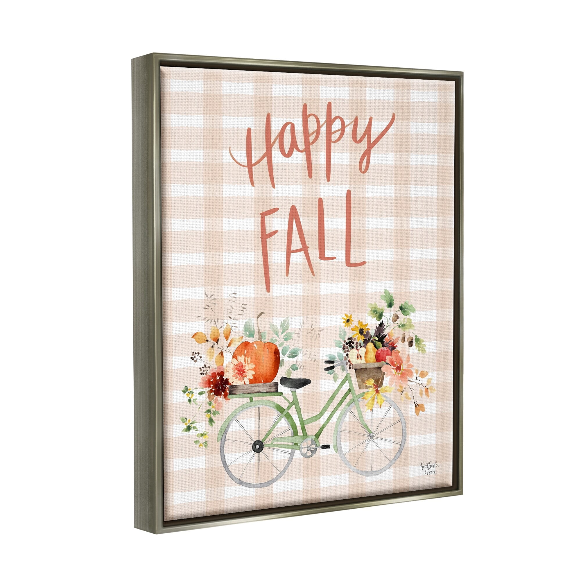 Stupell Industries Happy Fall Plaid Seasonal Flowers Blooming Bicycle Graphic Art Luster Gray Floating Framed Canvas Print Wall Art, Design by Heatherlee Chan