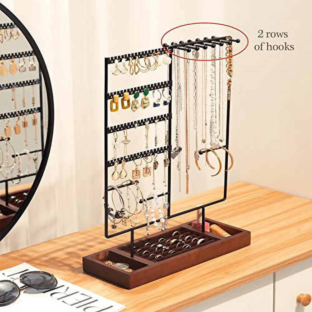 ProCase Jewelry Holder Organizer Earring Organizer Earrings Holder Stand, 6 Tiers Necklace Rack Jewellery Tower Bracelets Holder Storage Tree with Removable Wooden Ring Tray for Women Girls -Black