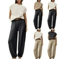 thumbnail image 5 of Crew Neck Cap Sleeve Tops with Wide Leg Pants Women's 2 Piece Sets Casual Loose Outfits Beige,XL, 5 of 6