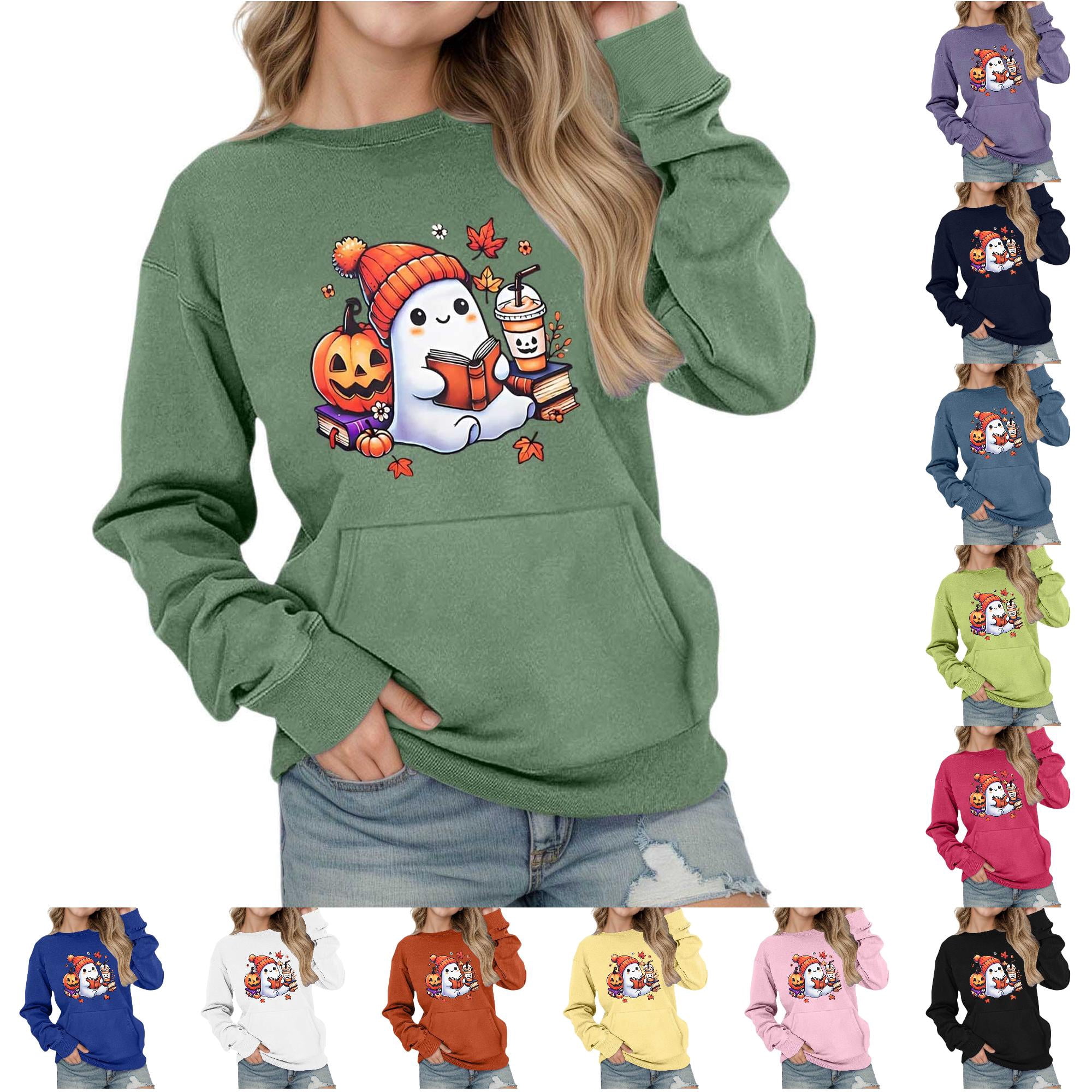 SONXAHE Toddler Girl s Ghost Pumpkin Book Printed Sweatshirt Crewneck Long Sleeve Holiday Pullover Halloween Sweatshirt Green