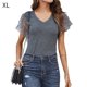 thumbnail image 1 of Camiseta de mujer Verano Cuello en V Gasa Lentejuelas Manga corta Camiseta casual, Gris, XL Kearding AP001323-04, 1 of 5