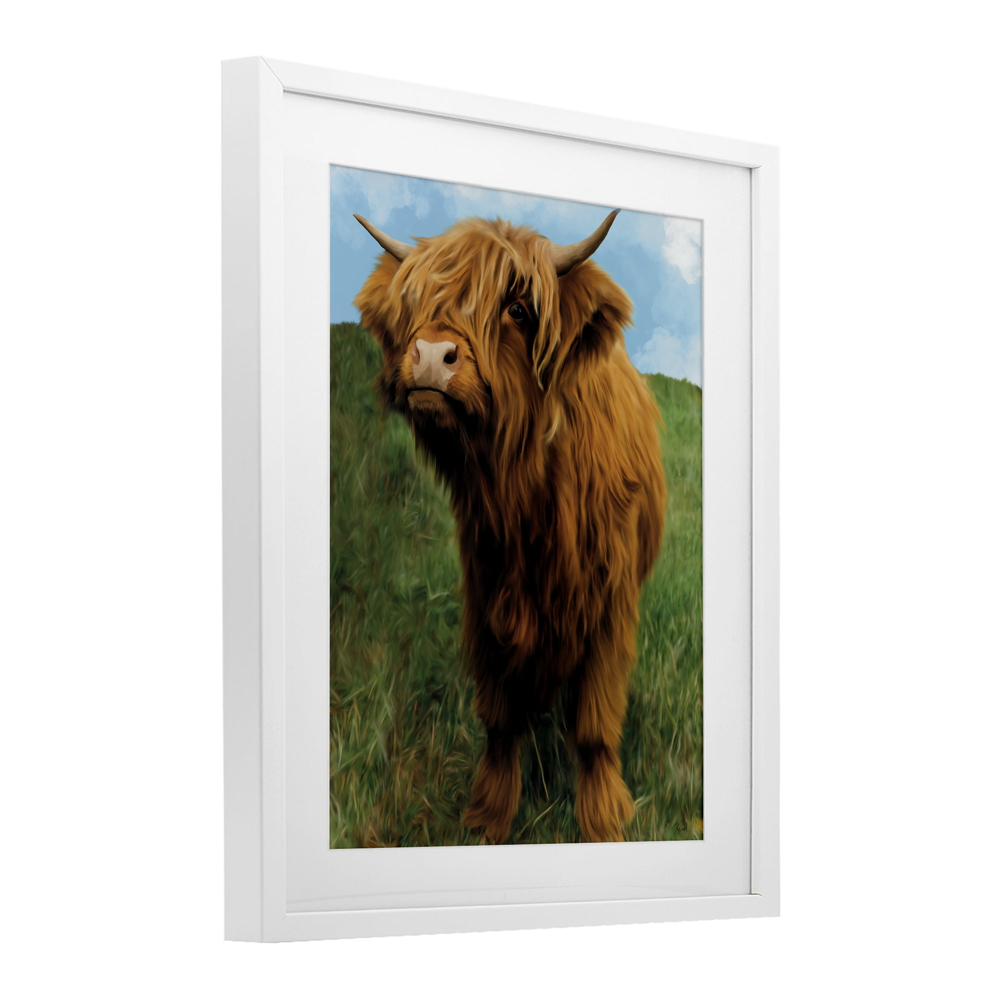 Stupell Industries Mini Highland Cow Calf White Framed Print Under Glass, design by Renel Peters