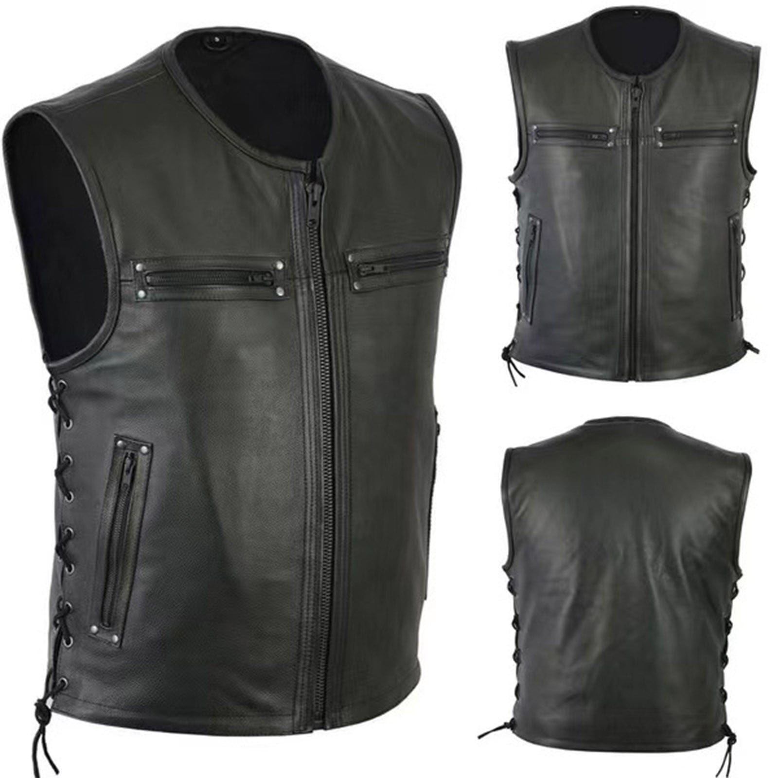 YLSDY Men's Black Cowhide Leather Motorcycle Vest with Side Laces Zipper Front Closure Black L