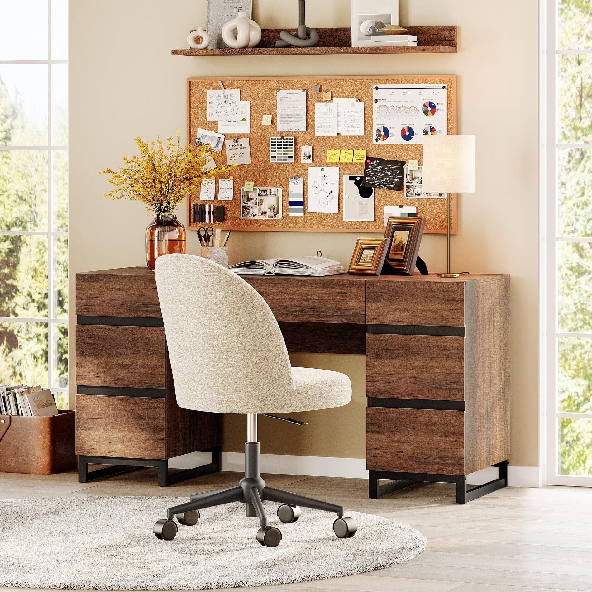 59" Modern Executive Desk with 7 Drawers, Wood Computer Desk with Built-in Charging Station,Rustic Brown Study Table for Home Office, Bedroom & Living Room