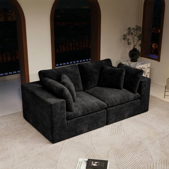 Modular Sectional Sofa, No Assembly Required Cloud Couch, Plush Corduroy Fabric 2-Piece Set for Living Room, Apartment, Reversible Chaise Lounge,Black