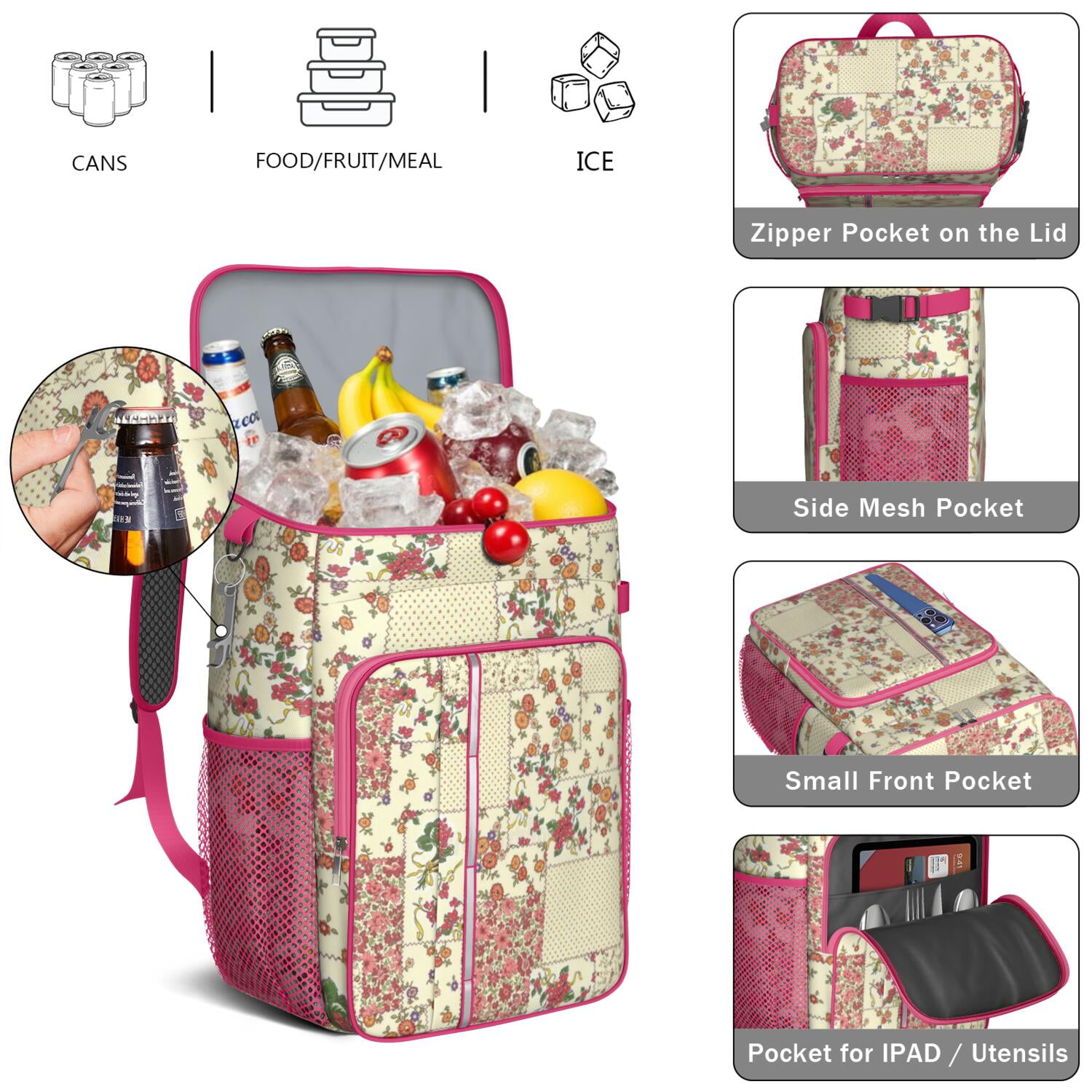 Travel Cooler Bag - Pioneer Flower Floral Print Pattern Camping Beer Cooler Backpack with Bottle Opener- Waterproof Insulated Picnic Backpacks - Cooler Bag for Beach