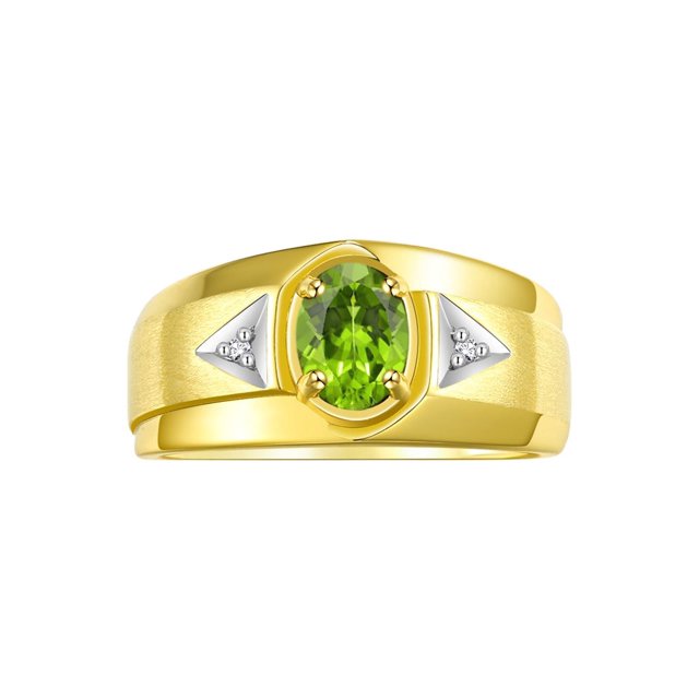 RYLOS Men's Rings 14K Yellow Gold Classic 7X5MM Oval Gemstone & Diamond Ring Peridot August Birthstone Rings For Men, Gold Rings Size 10