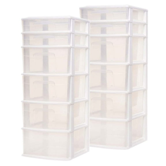 Homz Plastic 6 Clear Drawer Medium Home Storage Container Tower (2 Pack)