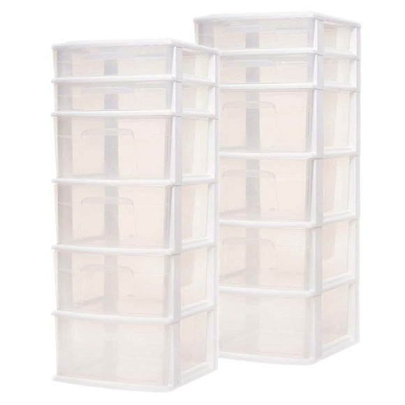 Homz Plastic 6 Clear Drawer Medium Home Storage Container Tower (2 Pack)