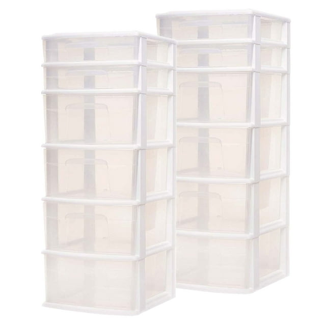 Homz Plastic 6 Clear Drawer Medium Home Storage Container Tower (2 Pack)