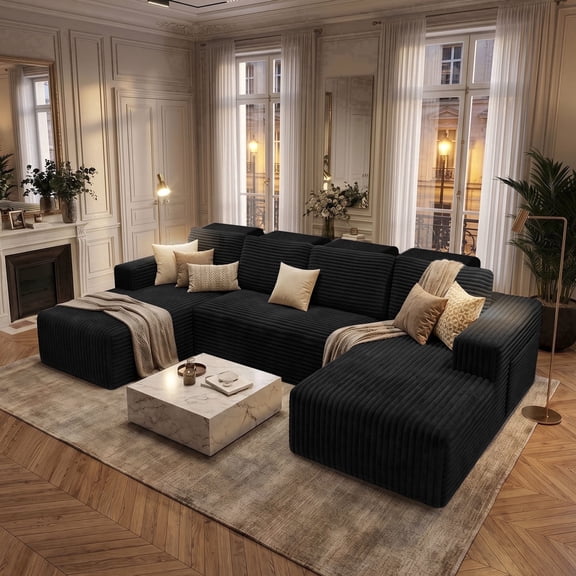 Garaneeds 113" Oversized U Shaped Sectional Sofa for Living Room, Modular Boneless Cloud Couch with Chaise, Corduroy Deep Seat Sofa, High Back Support, No Assembly Required, Black