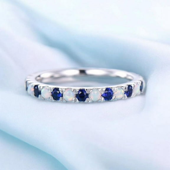 Natural Opal Sapphire Ring, Full Eternity Wedding Band, Silver 14k Gold plated silver Band, Opal Stacking Matching Band Anniversary Gift For Her