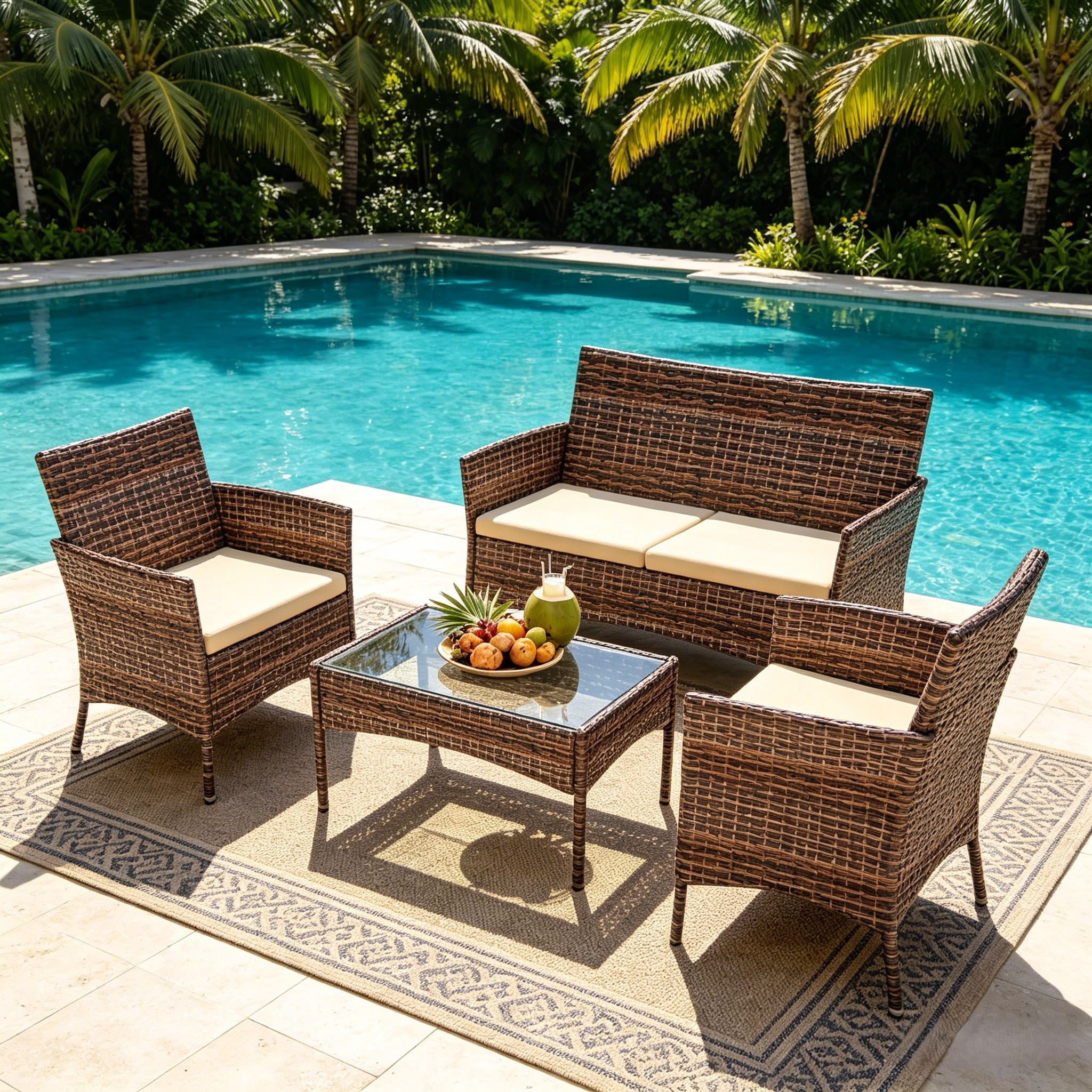 Ktaxon 4 Piece PE Rattan Wicker Outdoor Patio Conversation Set with Glass Coffee Table and Beige Cushions, Brown Gradient