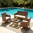 thumbnail image 3 of Ktaxon 4 Piece PE Rattan Wicker Outdoor Patio Conversation Set with Glass Coffee Table and Beige Cushions, Brown Gradient, 3 of 12