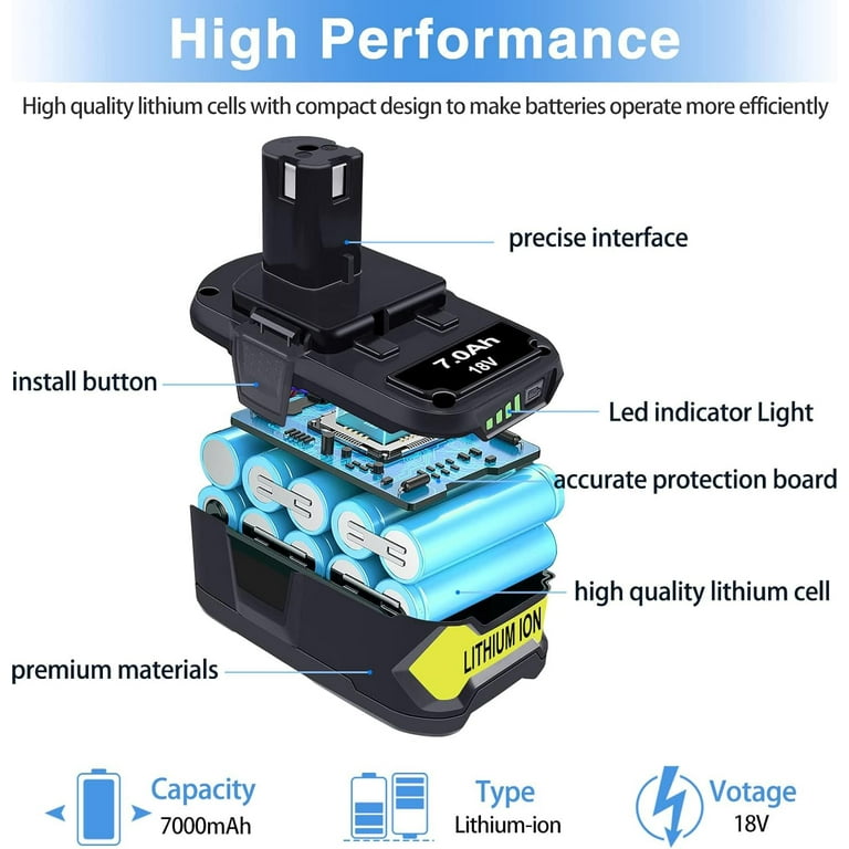 Battery Replacement for Ryobi 18V Battery One Plus P102 P103 P104 P105 P107 P108 P109 P190 P122 18V Lithium ONE Batteries Replacement 7.0Ah 2Packs