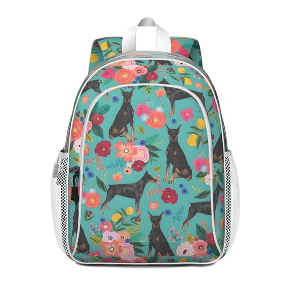 Doberman Dog Pattern with Flowers Backpack for School,Cute School Bag,Schoolbag with Adjustable Shoulder Straps & Padded Back,15"x11.42"x5.5"