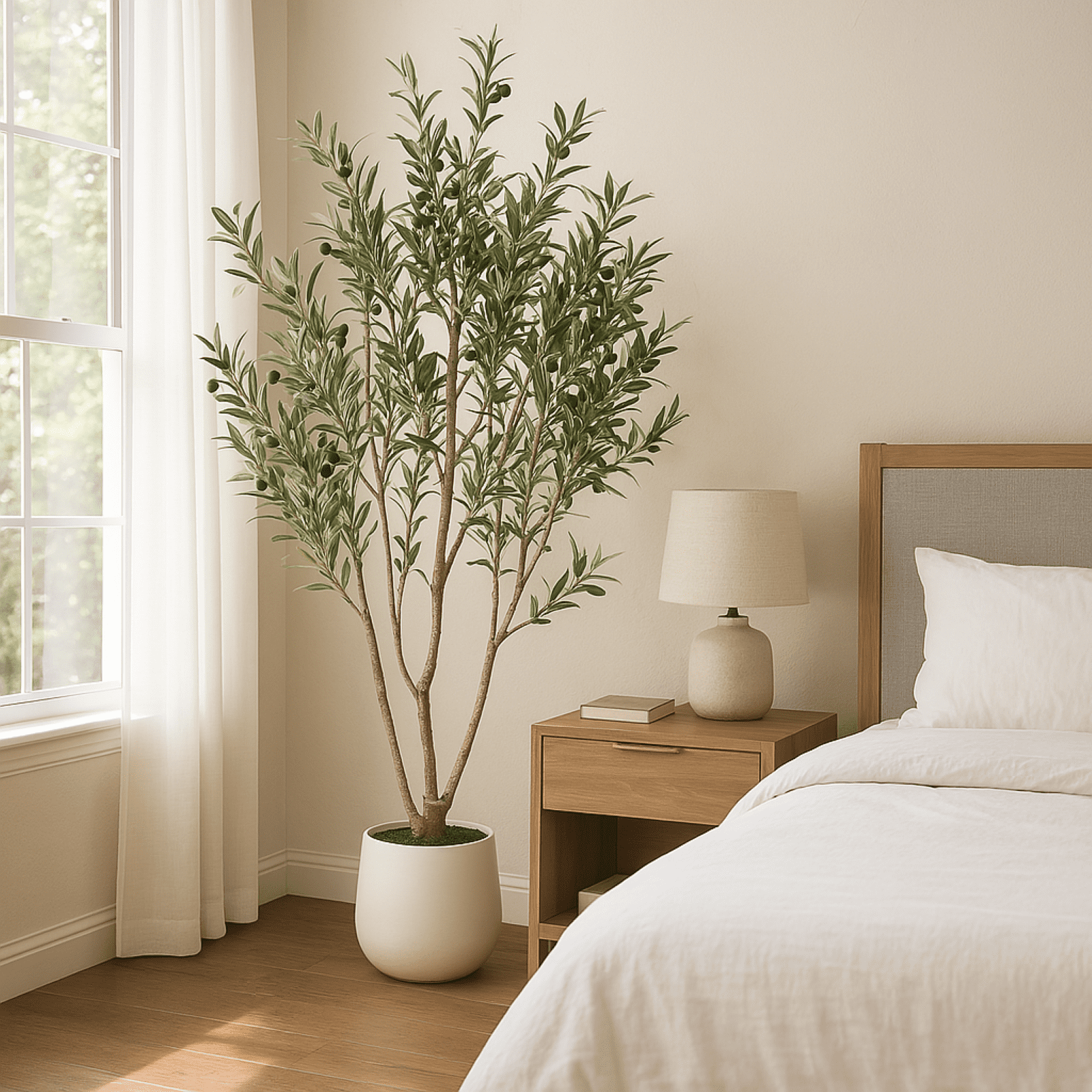 VIVATREES 6FT Artificial Olive Tree Faux Olive Plant Realistic Leaves Silk Tree with White Pot Planter Lifelike Green Leaves & Olive Fruits for Home Office Decor, Interior Outdoor Decoration