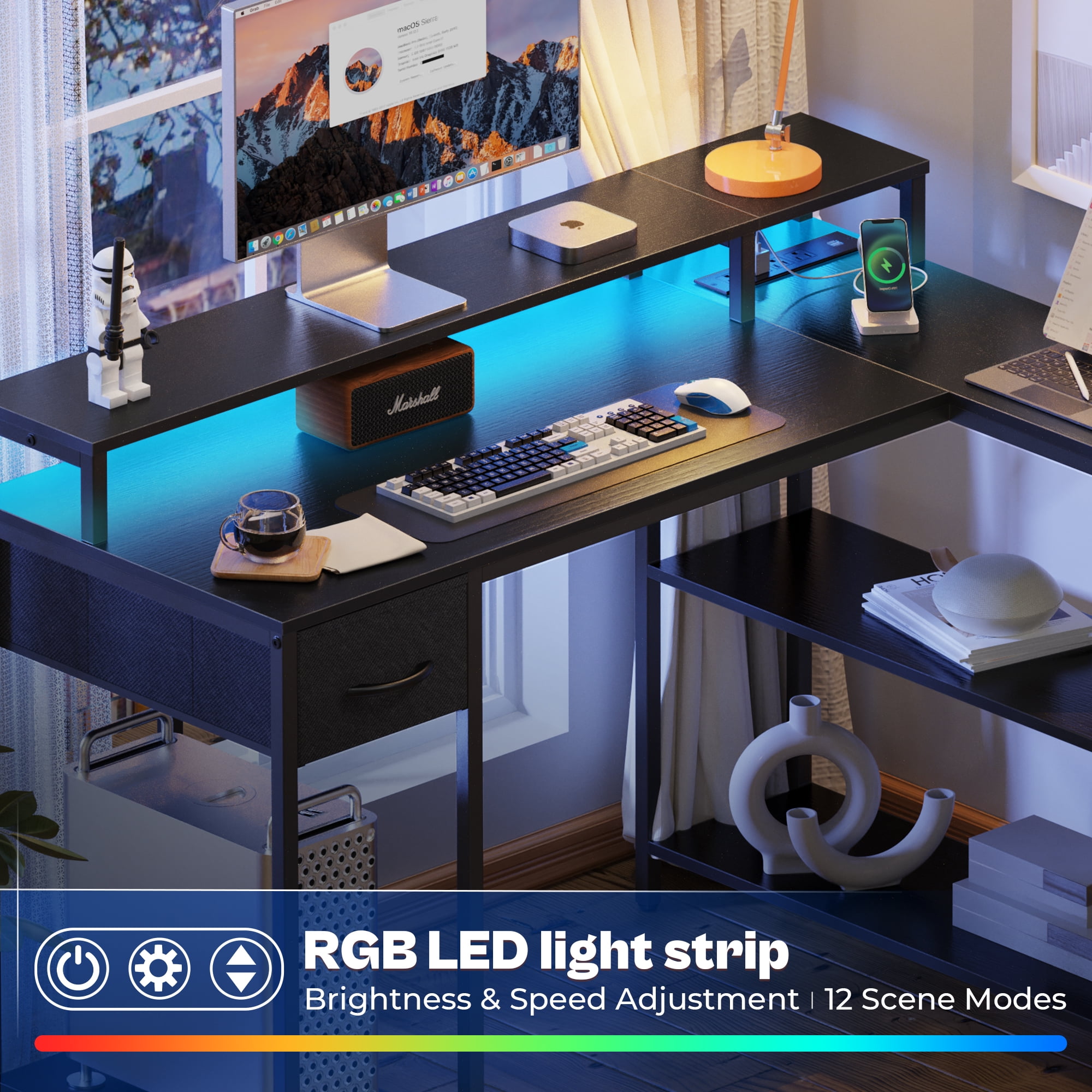 SUPERJARE L-Shaped Gaming Desk, LED Computer Desk with Power Outlets, Office Corner Desk with Drawer, Reversible L Shape Desk in Black