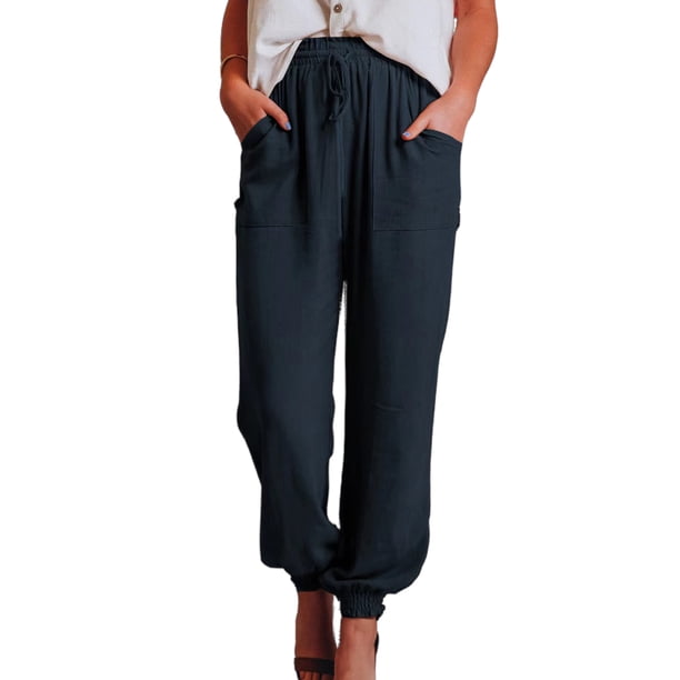 Pantalones Bombachos Pantalones bombachos de cintura elástica para mujer, pantalones informales de algodón (azul marino S) Ygjytge para Mujer Azul marino T L