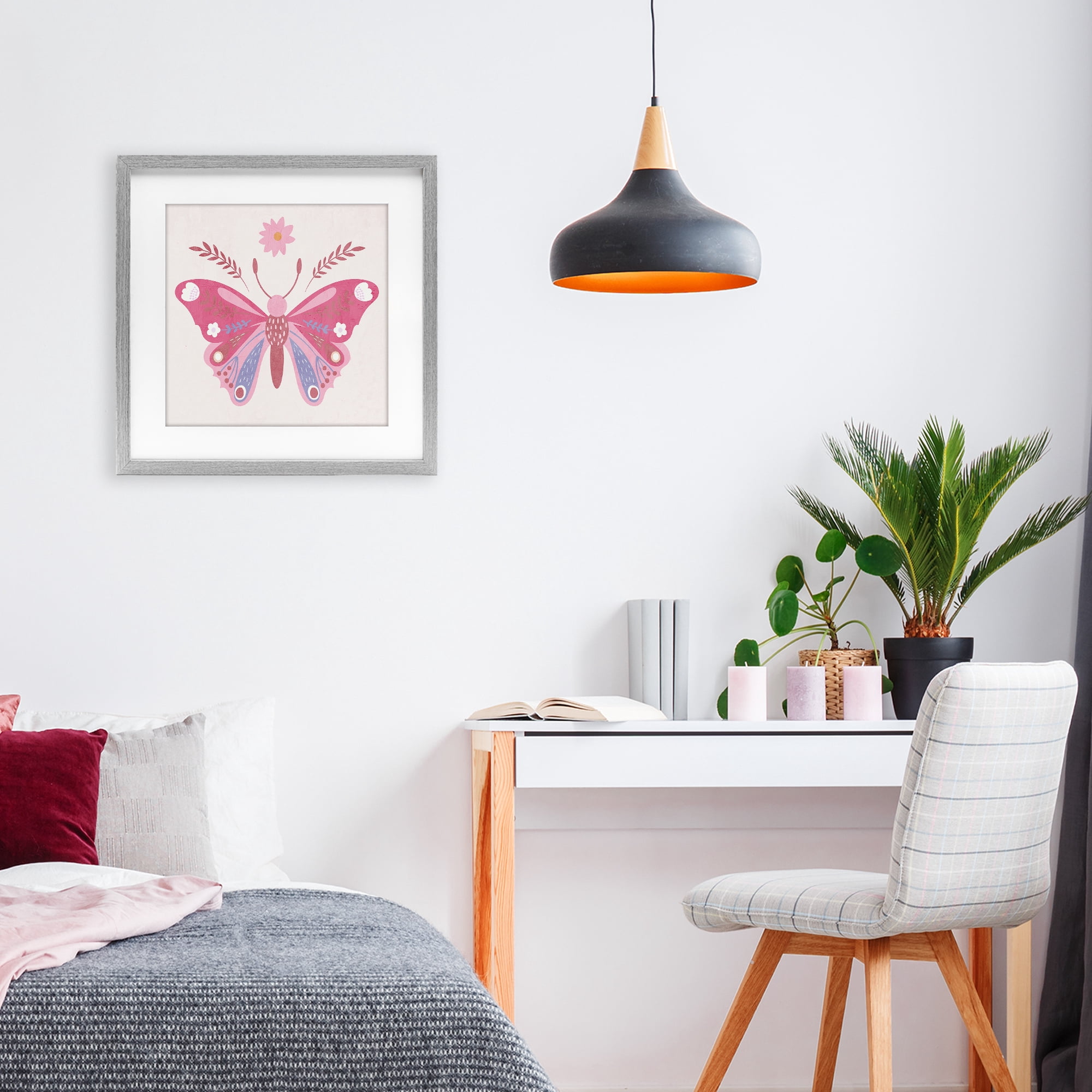 Stupell Industries Folk Butterfly in Pink Gray Framed Print Under Glass, design by Kim Allen