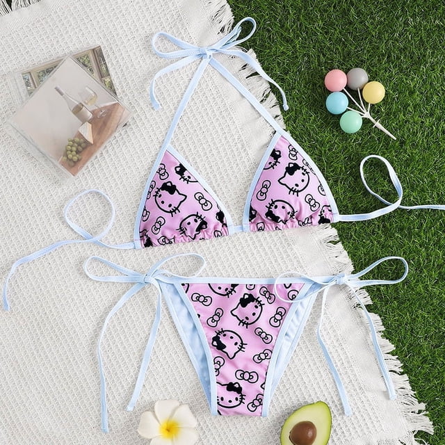 Conjunto de bikini sexy de Hello Kitty de 2 piezas, bonito traje de baño de verano para mujer, con tiras laterales suaves, estilo kawaii, ideal como regalo de moda.