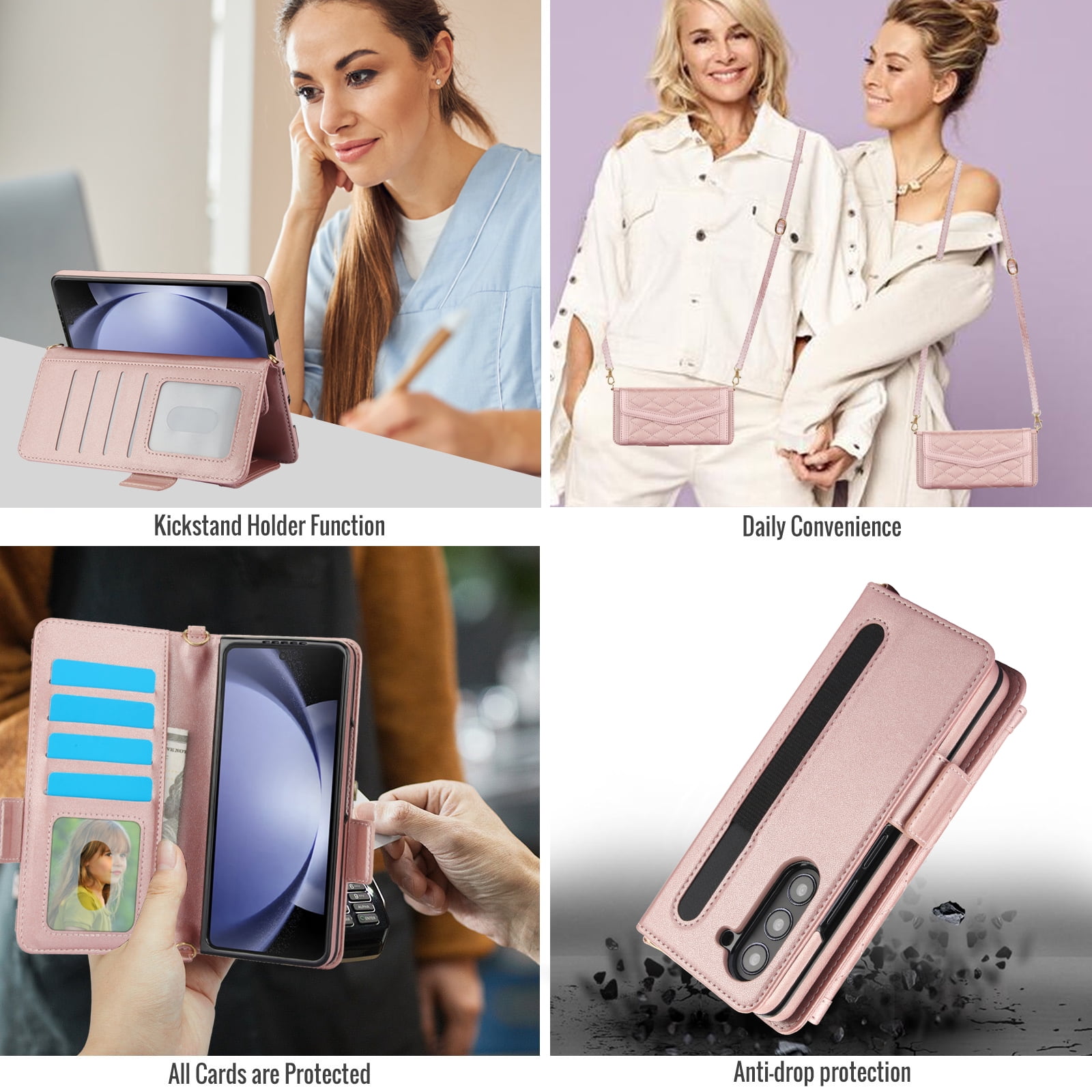 for Samsung Galaxy Z Fold 5 Case Wallet with S Pen Holder for Women, 12 Card Holder & 2 Cash Pocket & Shoulder Strap & Wristlet Flip Stand PU Leather Phone Case with RFID Blocking, Rosegold