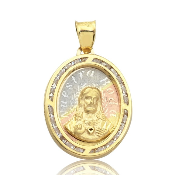 LoveBling 10K Yellow Gold Tri-Tone Nuestra Boda Jesus Christ Oval-Sized Charm With 26 CZ Stones (1.14" x 0.63")