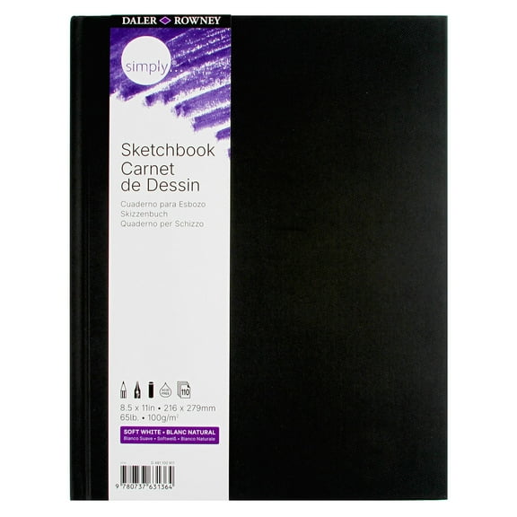 Daler-Rowney Simply... Sketchbook, Soft White Pages, (65lb/100g), Black Hardcover Binding, 110 Sheet, 8.5" x 11"