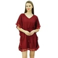 thumbnail image 3 of Bimba Women's V Neck Tassel Kaftan Short Rayon Caftan Designer Beachwear Coverup Dress, 3 of 9