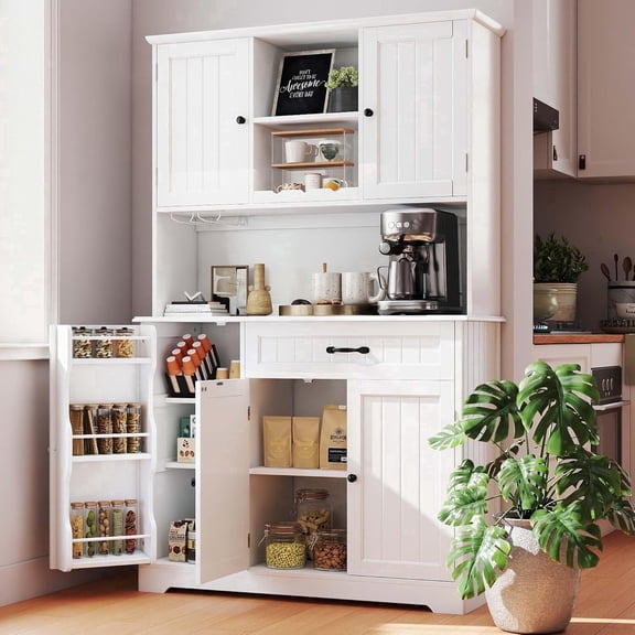 67" Kitchen Hutch Cabinet with 5 Doors and 14 Shelves, Noelse Large Wooden Kitchen Pantry Storage Cabinet with Drawer, Tall Coffee Bar for Dining Room, White