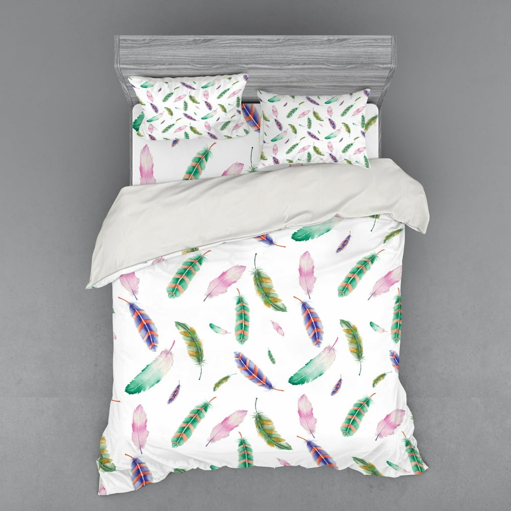 Feathers Duvet Cover Set, Irregular Watercolors Bird Feather Patterns