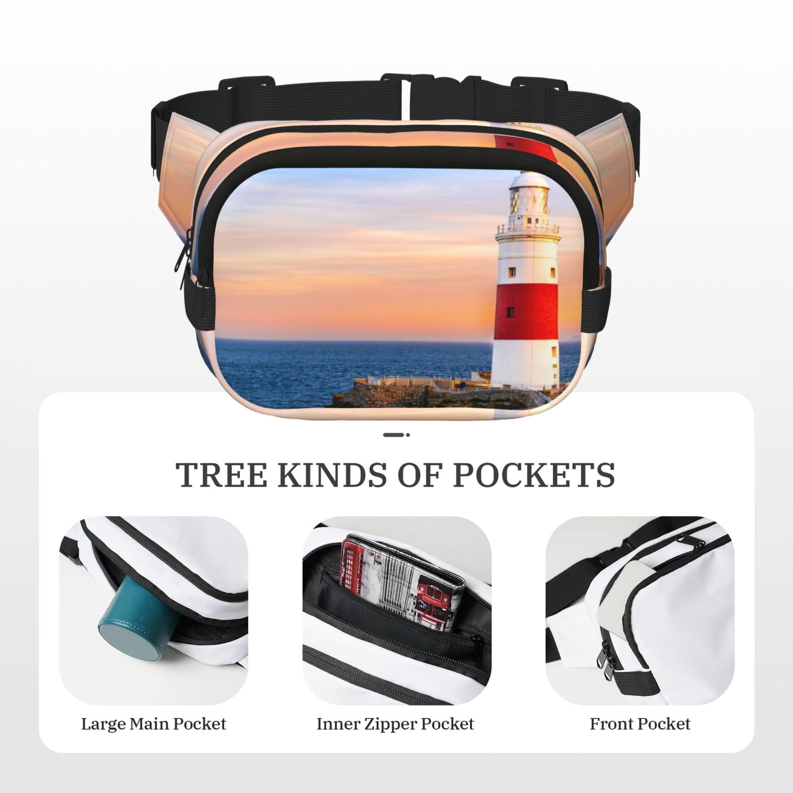 Picia Lighthous1 Print Square Double-Layer Waist Bag Mini Adjustable Waist Belt Bag Exercise Running Travel Hiking